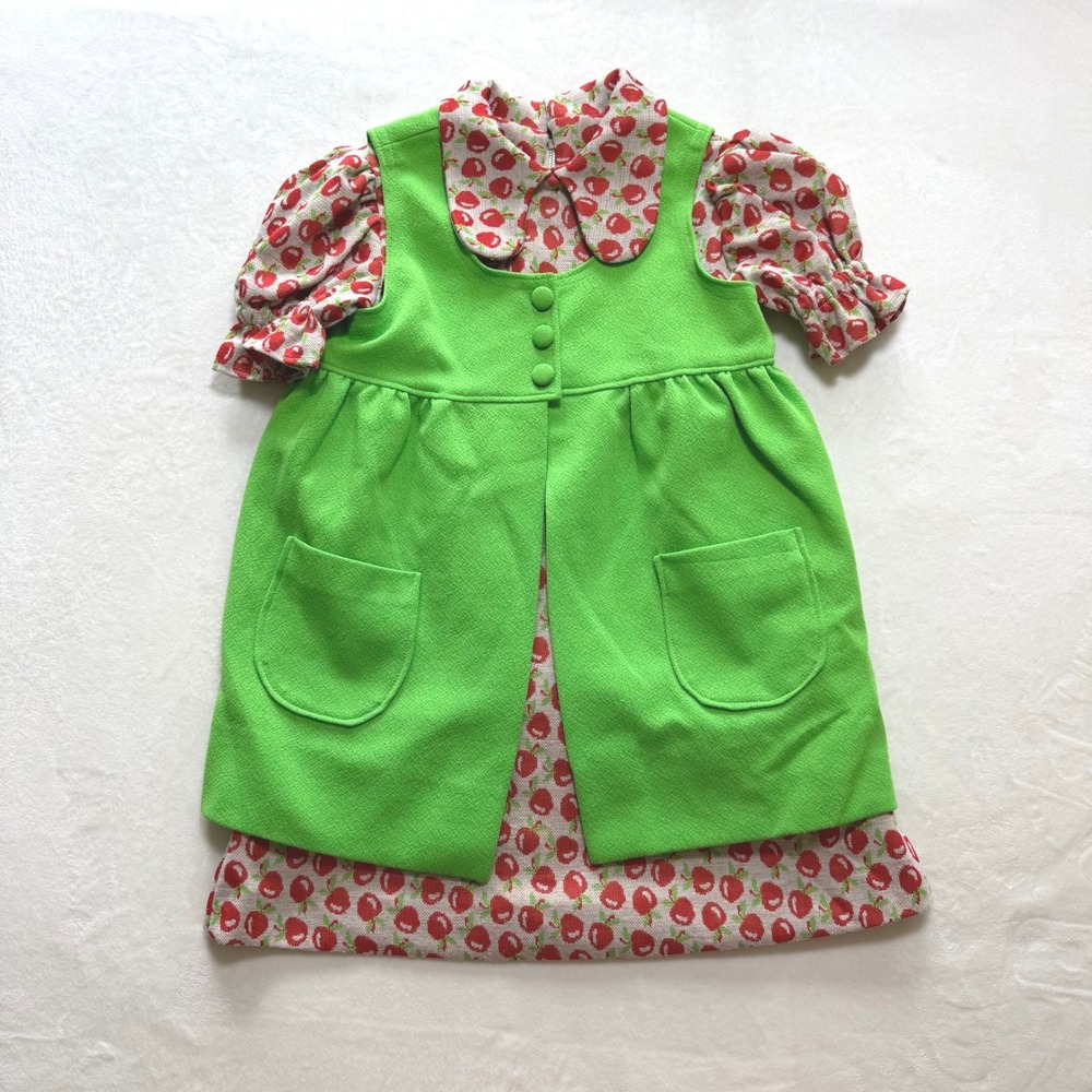 Handmade Vintage Dress Set Kids 3T Lime Green Apple Print Retro 2-Piece Jumper